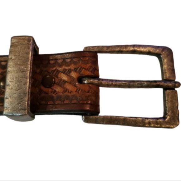 RODEO WIDE LEATHER BROWN EMBOSSED HIGH QUALITY BELT - Picture 5 of 6